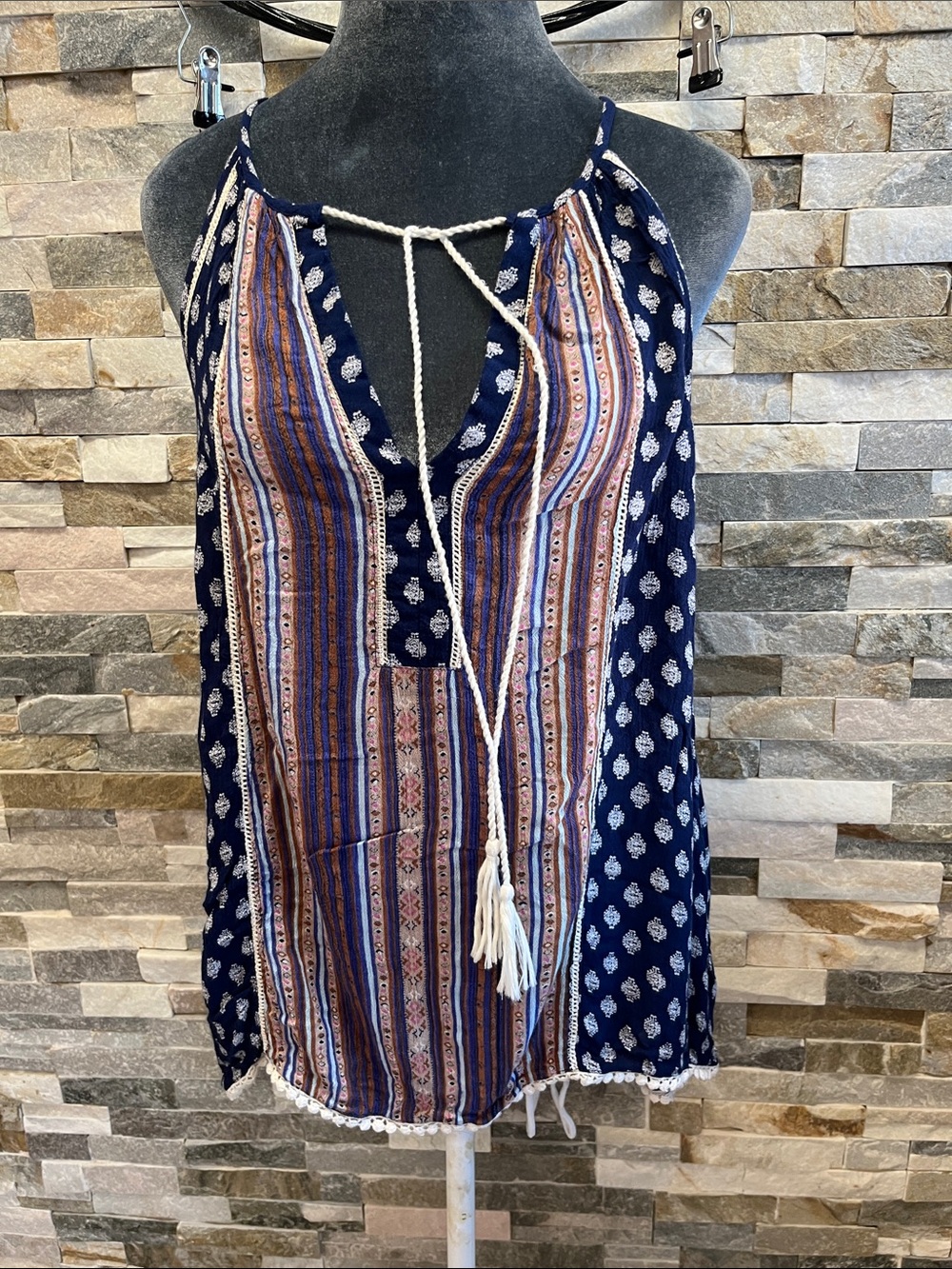 Live 4 Truth Boho Navy Striped Tassel Halter Top